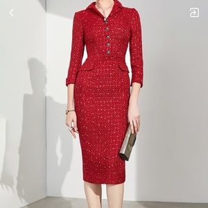 Lapel Red Bodycon 3/4 Sleeve date midi dress